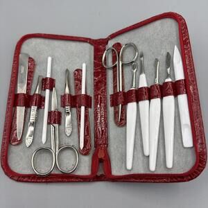 Vintage Nail Care Travel Kit Triple Cut Mani Pedi West Germany Red Crocodile